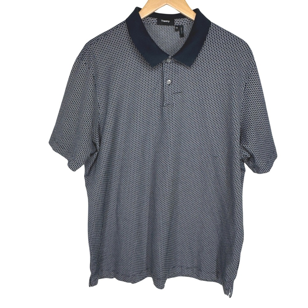 Theory Mens XXL Polo Shirt Size XXL Jacquard Navy Blue Geometric Knit Preppy